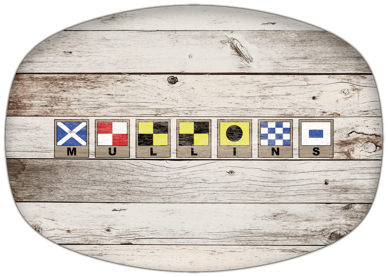 Personalized Faux Wood Grain Plastic Platter - Nautical Flags - Whitewash Wood - Flags with Light Brown Frames - Front View