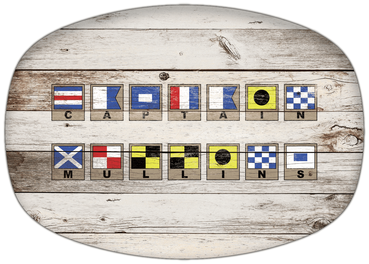 Personalized Faux Wood Grain Plastic Platter - Nautical Flags - Whitewash Wood - Flags with Light Brown Frames - Multi-Line - Front View