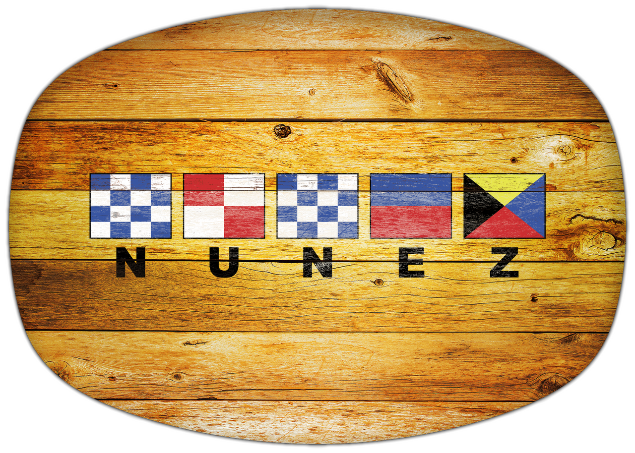 Personalized Faux Wood Grain Plastic Platter - Nautical Flags - Sun Burst - Flags with Large Letters - Front View