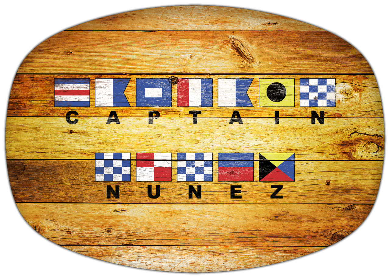 Personalized Faux Wood Grain Plastic Platter - Nautical Flags - Sun Burst - Flags with Large Letters - Multi-Line - Front View