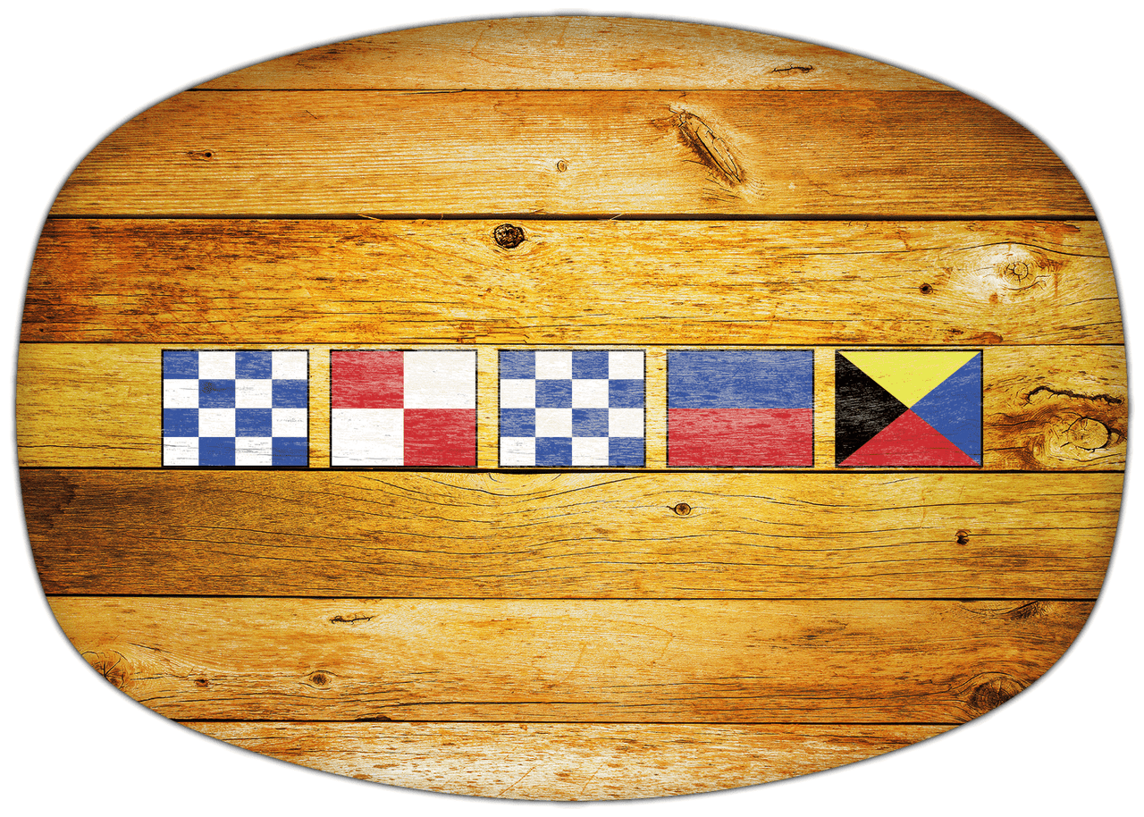 Personalized Faux Wood Grain Plastic Platter - Nautical Flags - Sun Burst - Flags without Letters - Front View