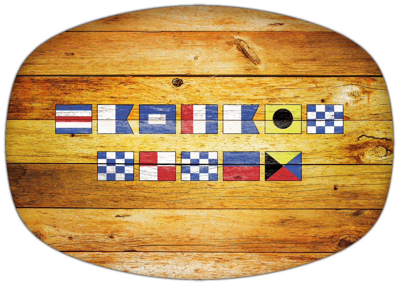 Personalized Faux Wood Grain Plastic Platter - Nautical Flags - Sun Burst - Flags without Letters - Multi-Line - Front View