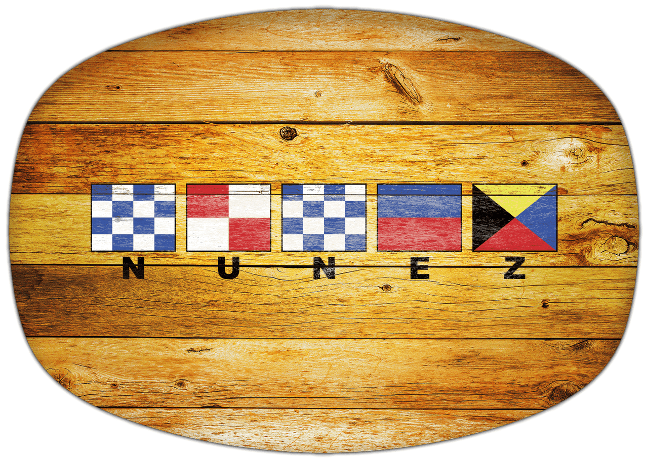 Personalized Faux Wood Grain Plastic Platter - Nautical Flags - Sun Burst - Flags with Small Letters - Front View
