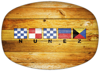 Thumbnail for Personalized Faux Wood Grain Plastic Platter - Nautical Flags - Sun Burst - Flags with Small Letters - Front View