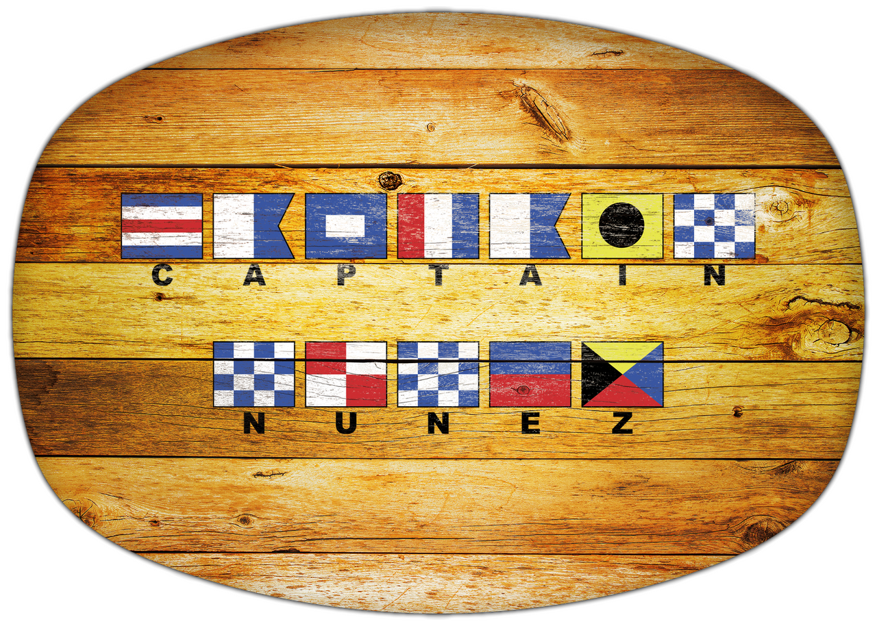 Personalized Faux Wood Grain Plastic Platter - Nautical Flags - Sun Burst - Flags with Small Letters - Multi-Line - Front View