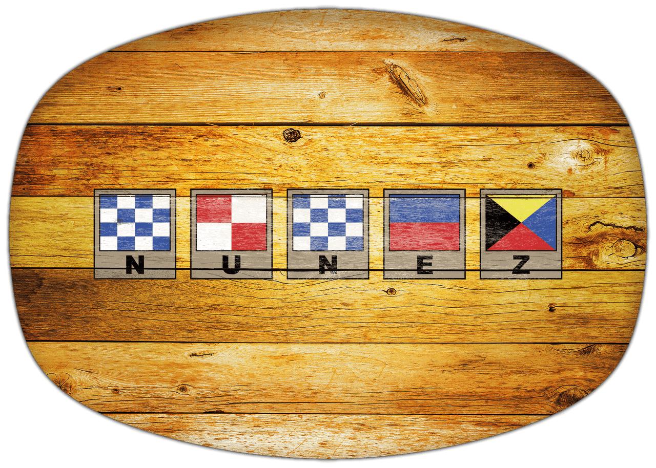 Personalized Faux Wood Grain Plastic Platter - Nautical Flags - Sun Burst - Flags with Light Brown Frames - Front View