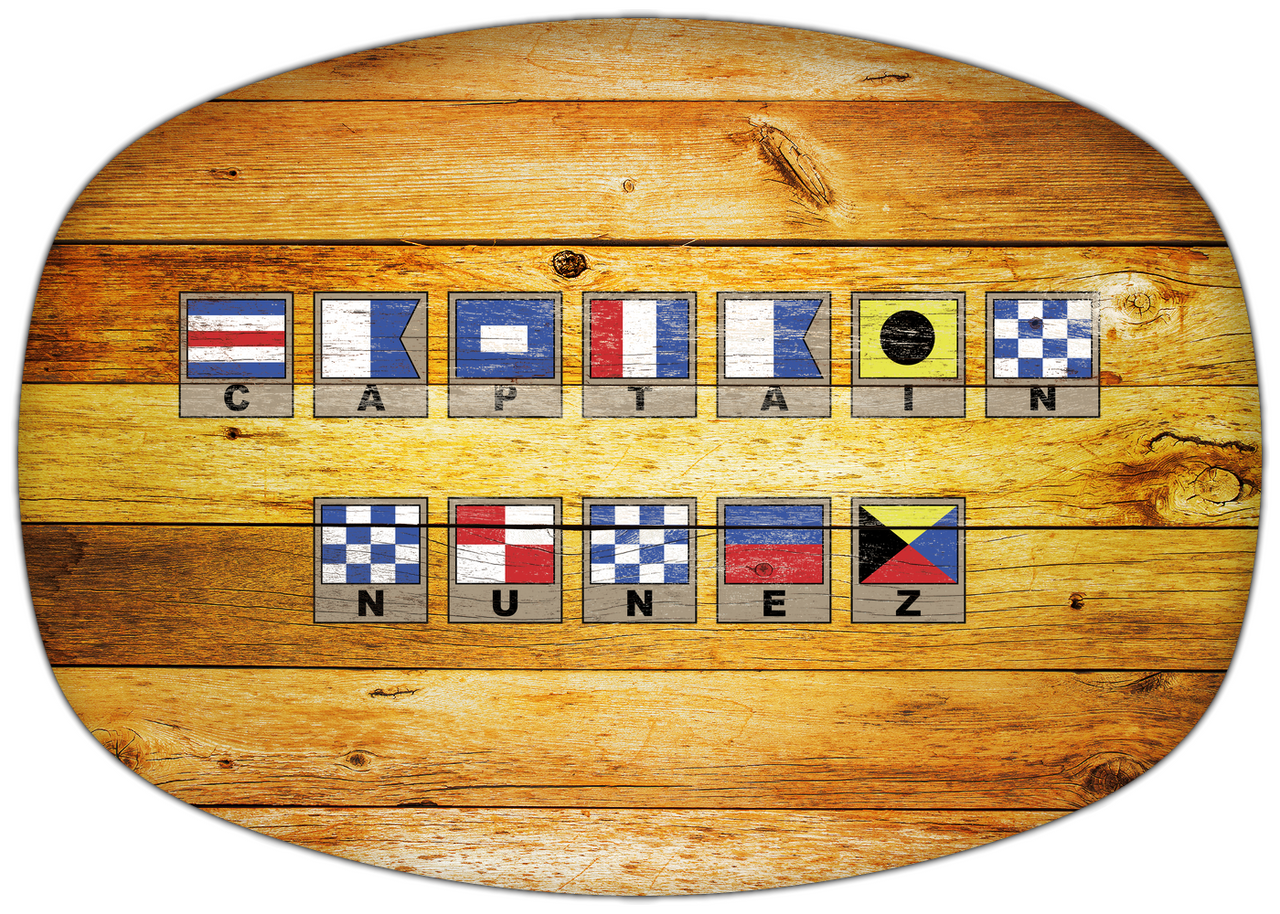 Personalized Faux Wood Grain Plastic Platter - Nautical Flags - Sun Burst - Flags with Light Brown Frames - Multi-Line - Front View