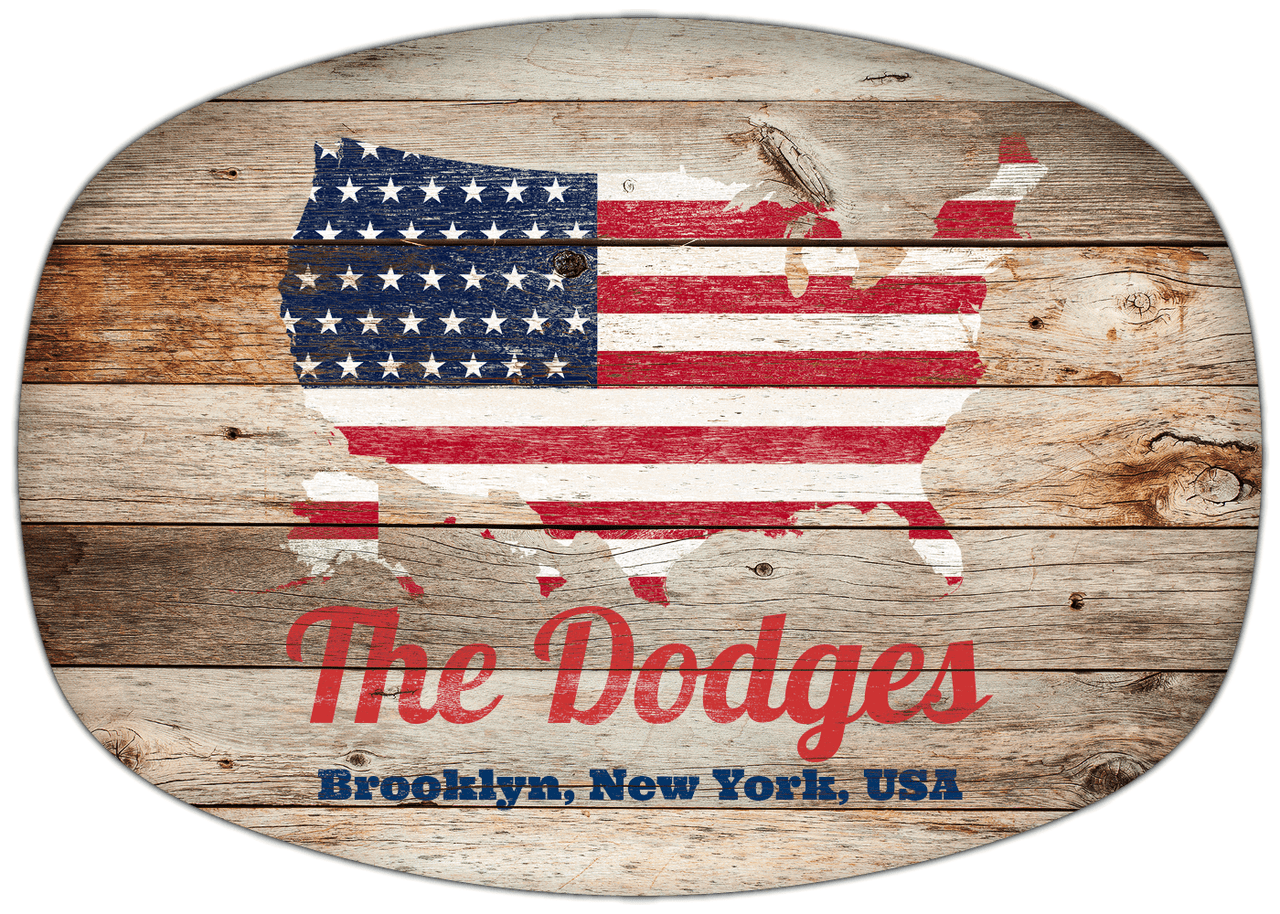 Personalized Faux Wood Grain Plastic Platter - USA Flag - Natural Wood - Brooklyn, New York - Front View