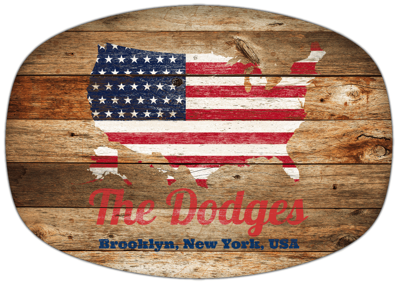 Personalized Faux Wood Grain Plastic Platter - USA Flag - Antique Oak - Brooklyn, New York - Front View