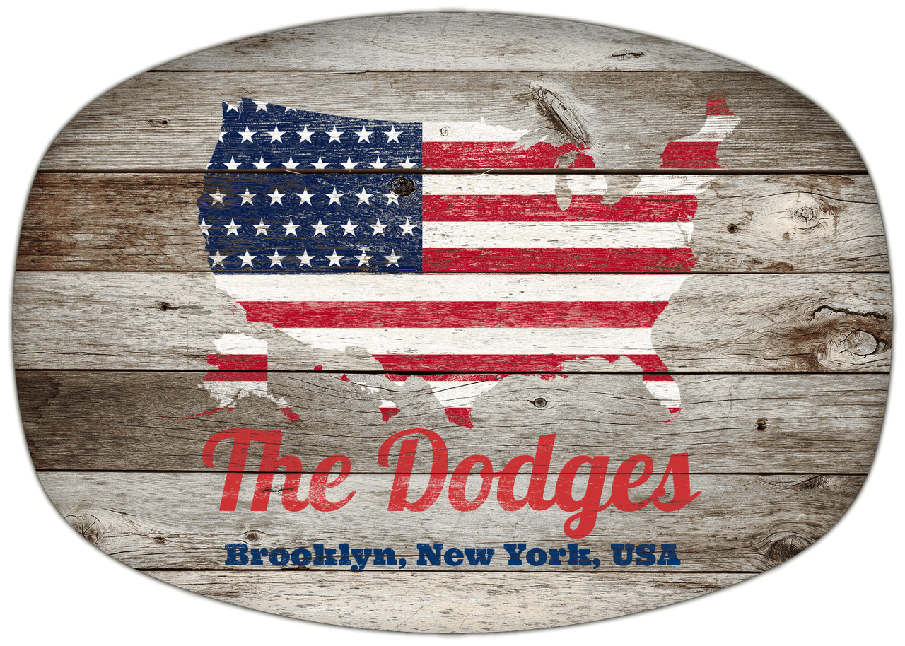 Personalized Faux Wood Grain Plastic Platter - USA Flag - Old Grey Wood - Brooklyn, New York - Front View
