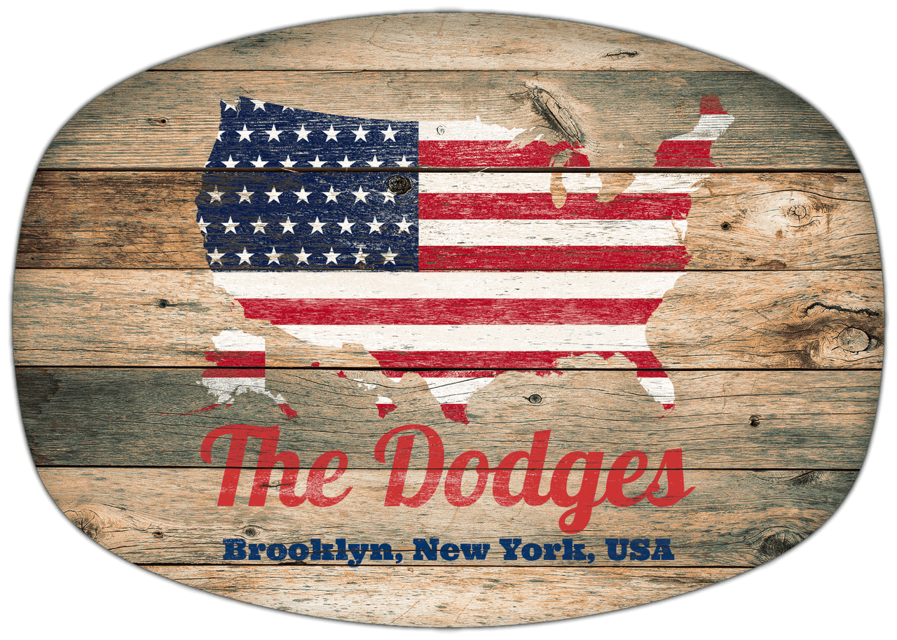 Personalized Faux Wood Grain Plastic Platter - USA Flag - Patina Wood - Brooklyn, New York - Front View