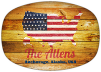 Thumbnail for Personalized Faux Wood Grain Plastic Platter - USA Flag - Sunburst Wood - Anchorage, Alaska - Front View