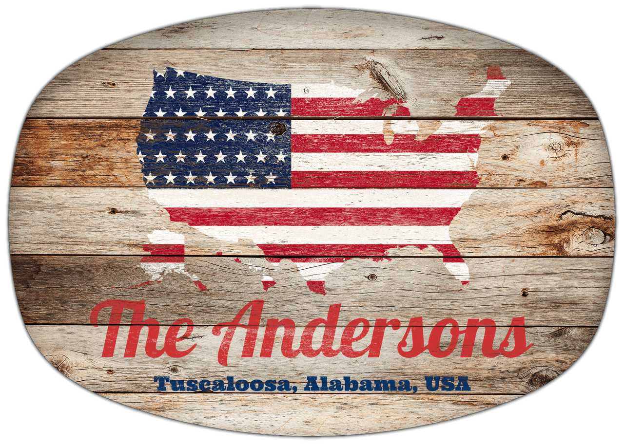 Personalized Faux Wood Grain Plastic Platter - USA Flag - Natural Wood - Tuscaloosa, Alabama - Front View
