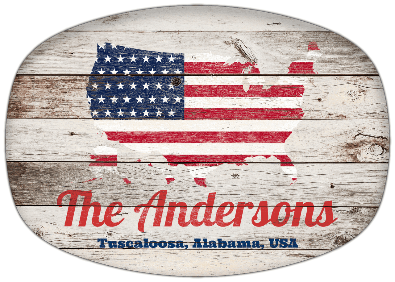Personalized Faux Wood Grain Plastic Platter - USA Flag - Whitewash Wood - Tuscaloosa, Alabama - Front View