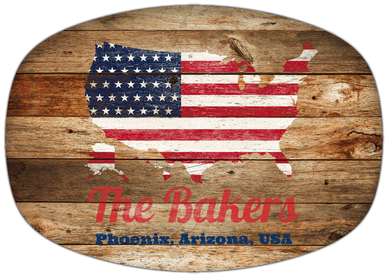 Personalized Faux Wood Grain Plastic Platter - USA Flag - Antique Oak - Phoenix, Arizona - Front View