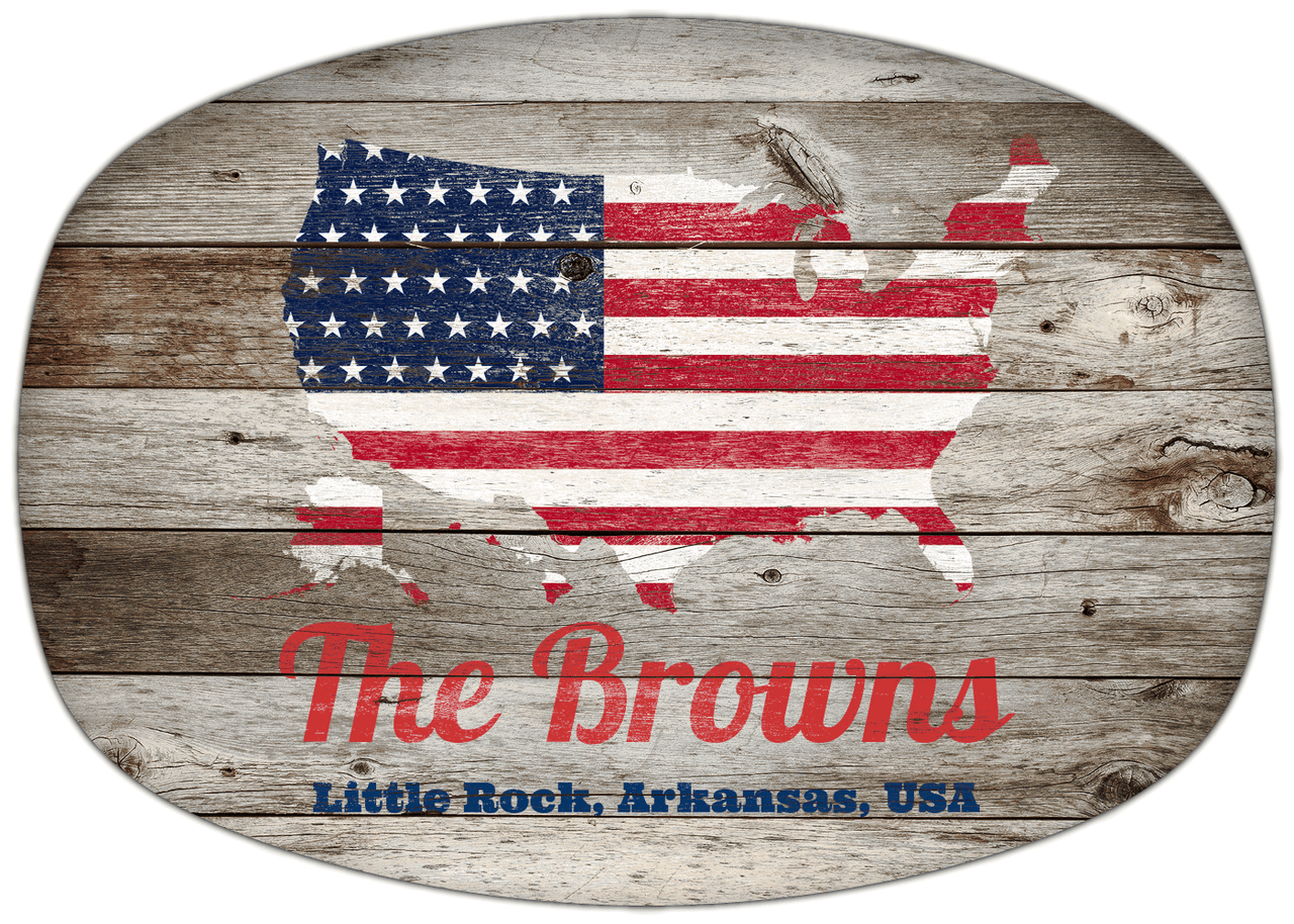 Personalized Faux Wood Grain Plastic Platter - USA Flag - Old Grey Wood - Little Rock, Arkansas - Front View