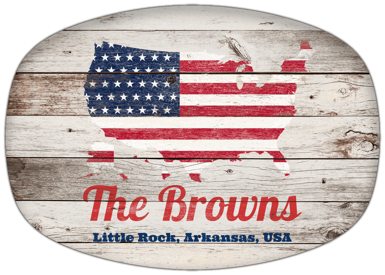 Personalized Faux Wood Grain Plastic Platter - USA Flag - Whitewash Wood - Little Rock, Arkansas - Front View
