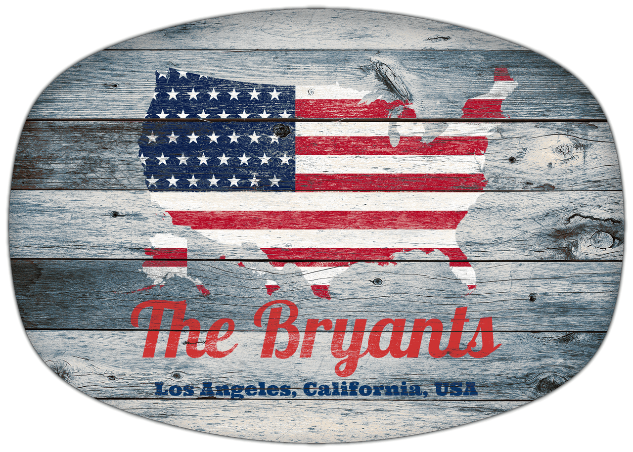 Personalized Faux Wood Grain Plastic Platter - USA Flag - Bluewash Wood - Los Angeles, California - Front View