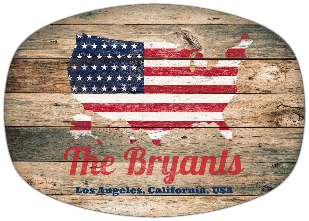 Personalized Faux Wood Grain Plastic Platter - USA Flag - Patina Wood - Los Angeles, California - Front View