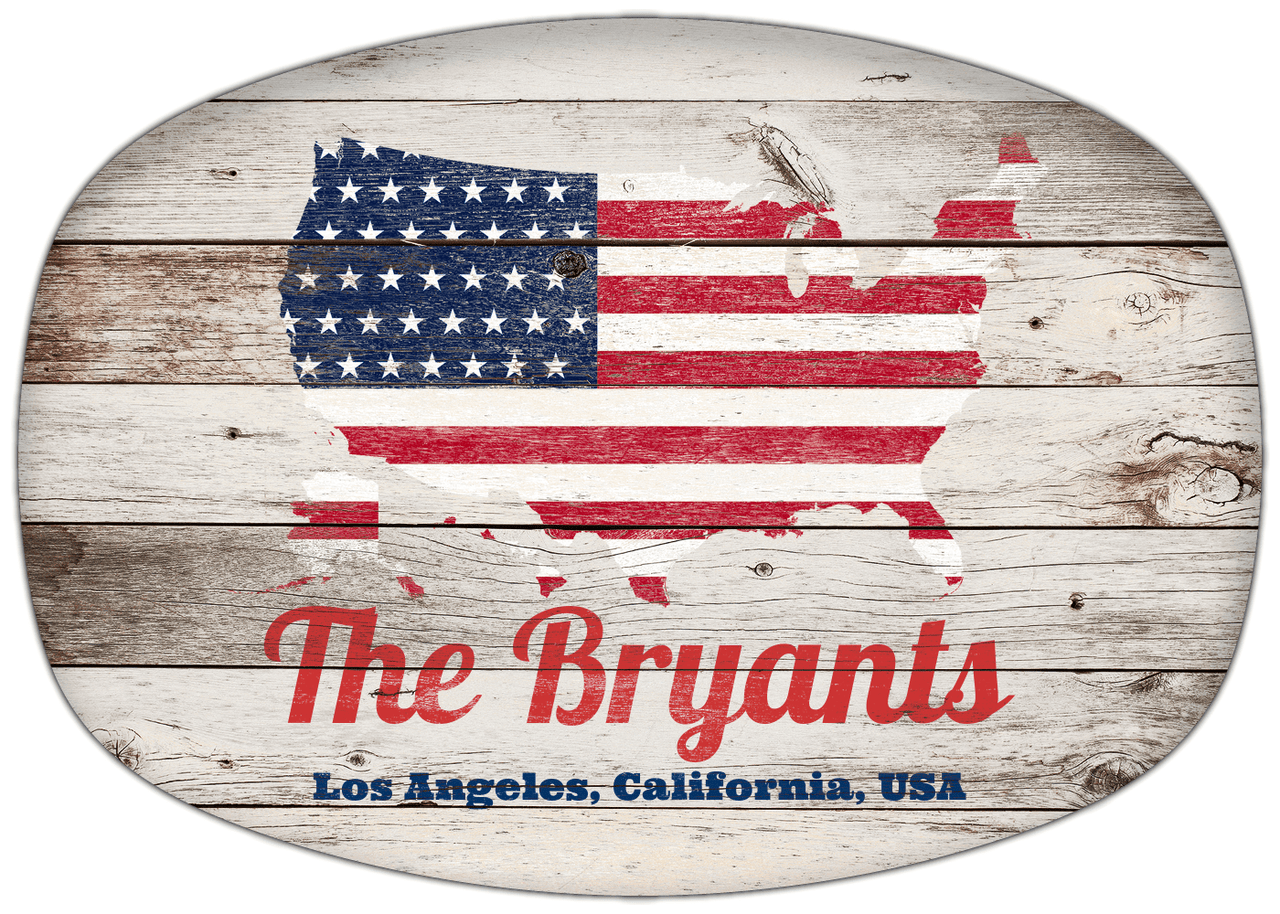 Personalized Faux Wood Grain Plastic Platter - USA Flag - Whitewash Wood - Los Angeles, California - Front View
