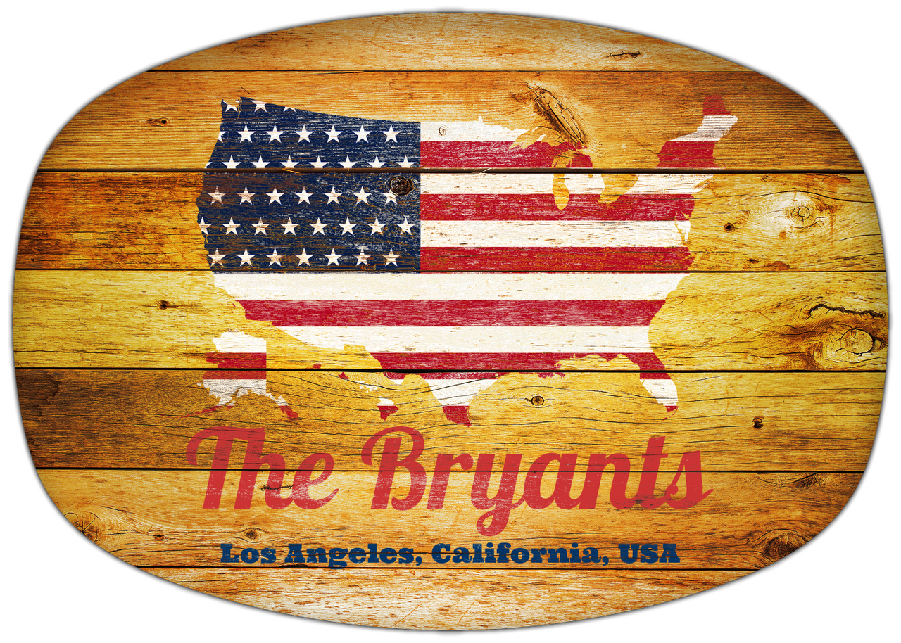 Personalized Faux Wood Grain Plastic Platter - USA Flag - Sunburst Wood - Los Angeles, California - Front View
