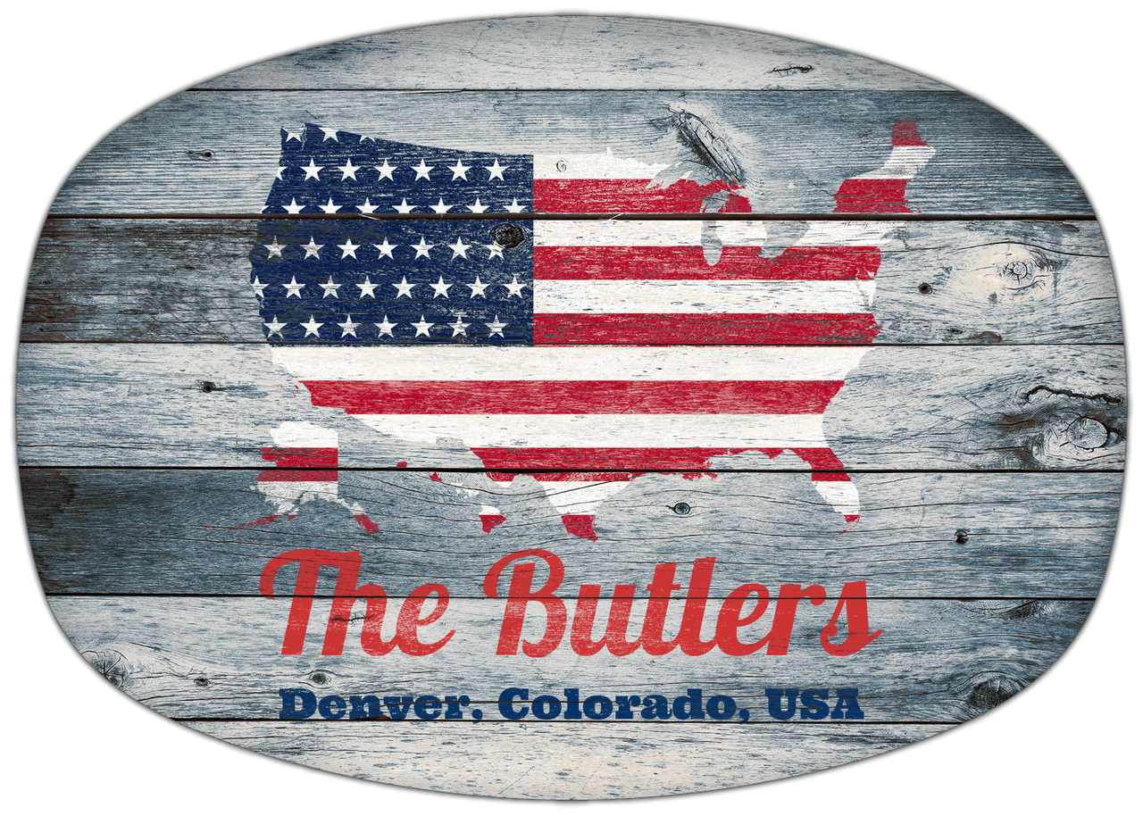 Personalized Faux Wood Grain Plastic Platter - USA Flag - Bluewash Wood - Denver, Colorado - Front View