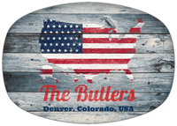 Thumbnail for Personalized Faux Wood Grain Plastic Platter - USA Flag - Bluewash Wood - Denver, Colorado - Front View