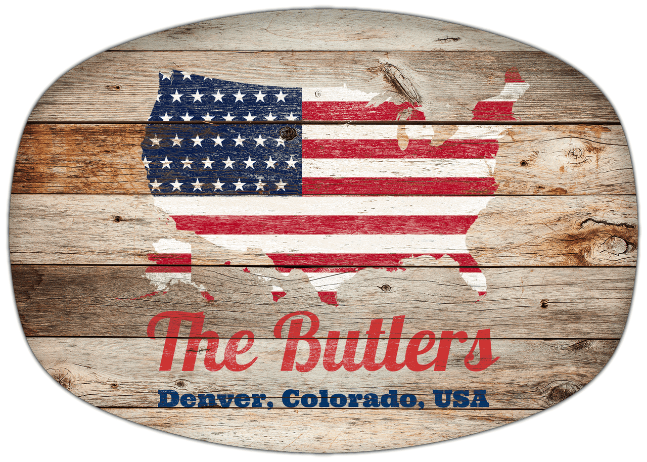 Personalized Faux Wood Grain Plastic Platter - USA Flag - Natural Wood - Denver, Colorado - Front View