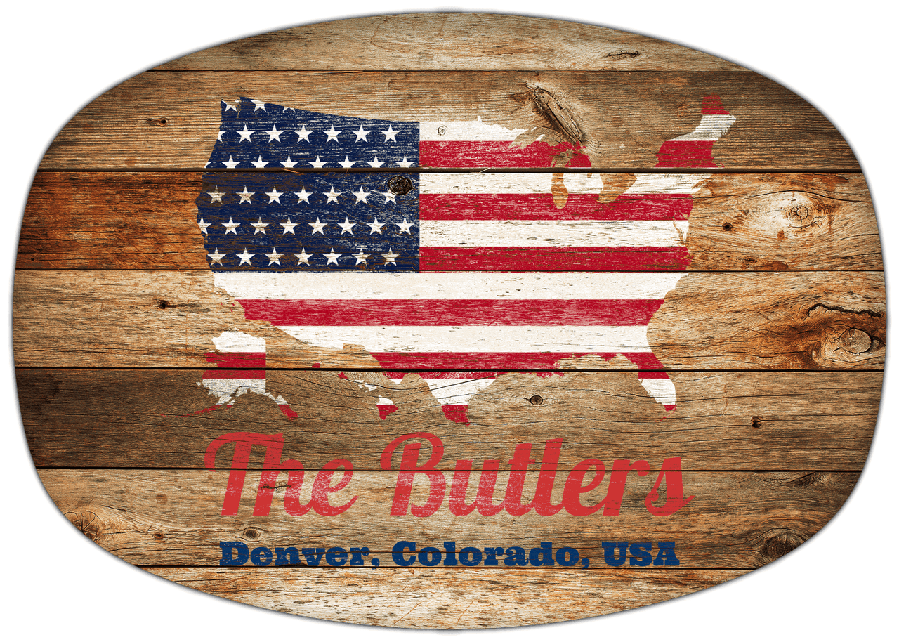 Personalized Faux Wood Grain Plastic Platter - USA Flag - Antique Oak - Denver, Colorado - Front View