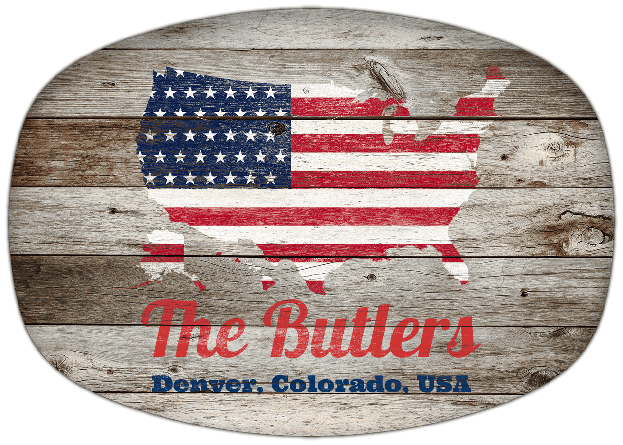 Personalized Faux Wood Grain Plastic Platter - USA Flag - Old Grey Wood - Denver, Colorado - Front View