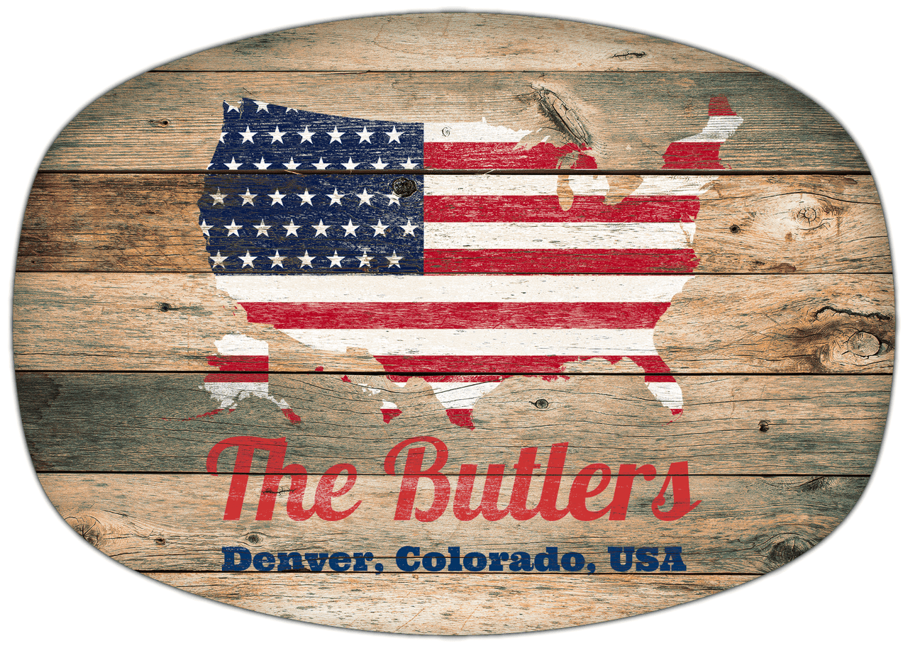 Personalized Faux Wood Grain Plastic Platter - USA Flag - Patina Wood - Denver, Colorado - Front View