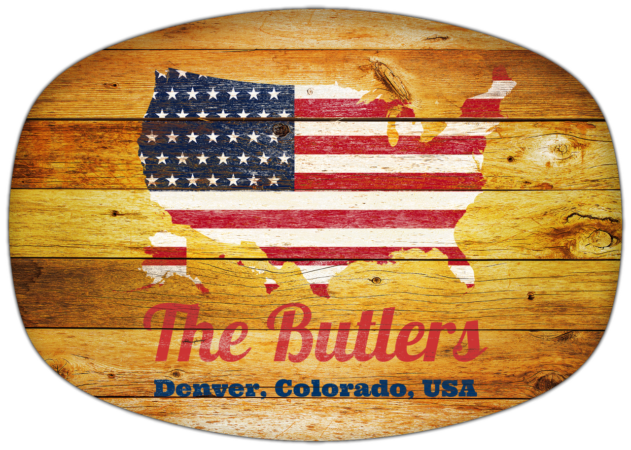 Personalized Faux Wood Grain Plastic Platter - USA Flag - Sunburst Wood - Denver, Colorado - Front View