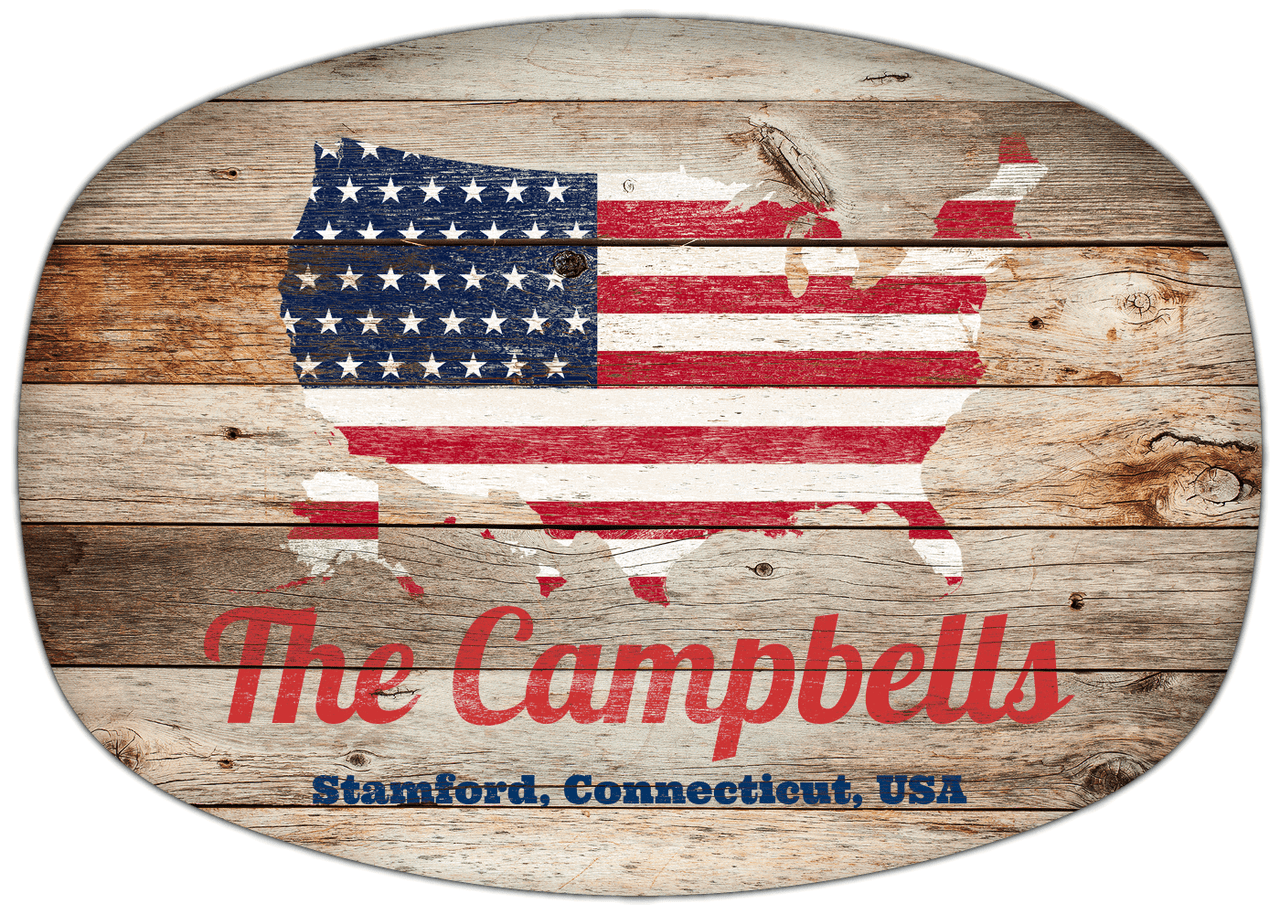 Personalized Faux Wood Grain Plastic Platter - USA Flag - Natural Wood - Stamford, Connecticut - Front View