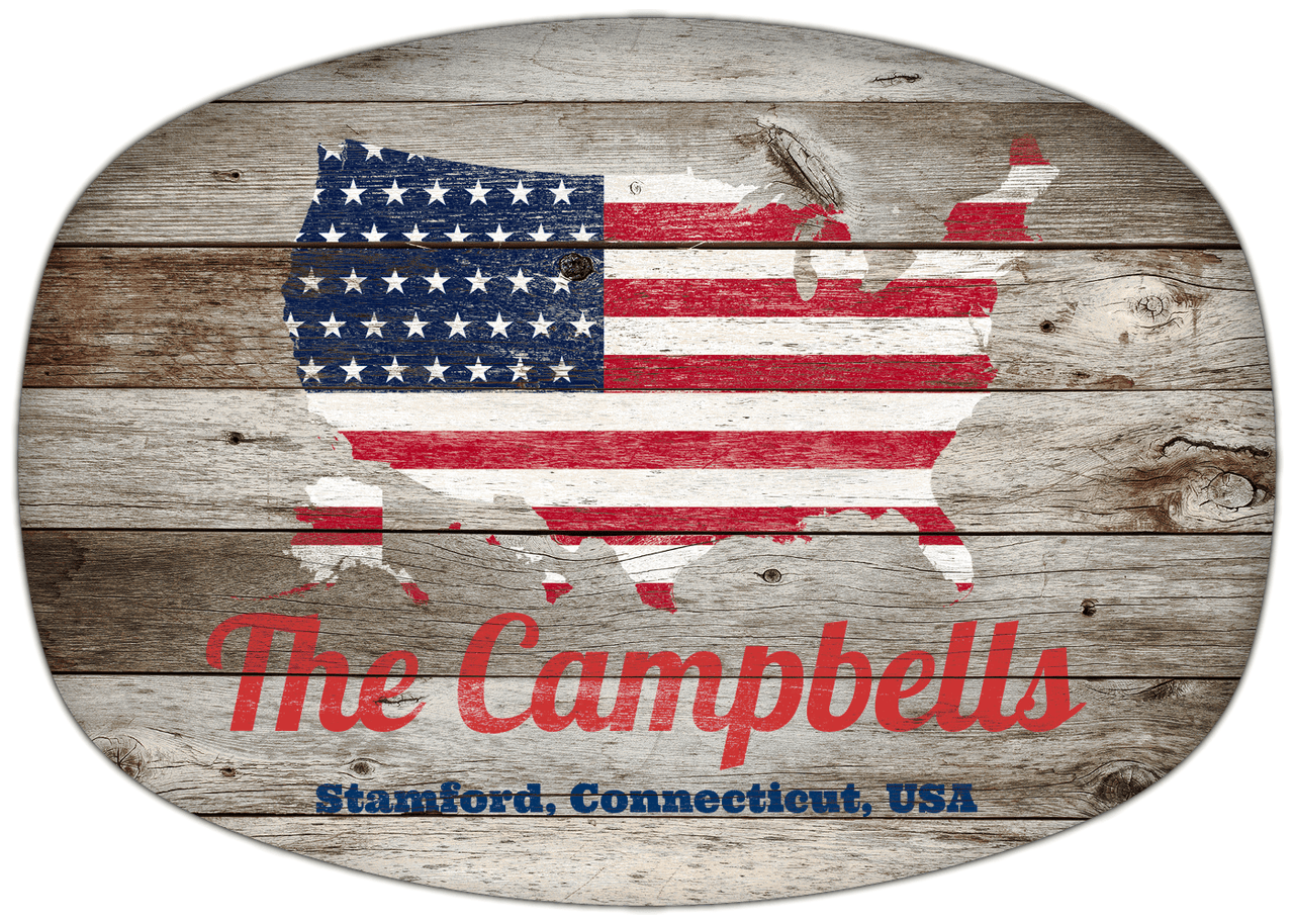 Personalized Faux Wood Grain Plastic Platter - USA Flag - Old Grey Wood - Stamford, Connecticut - Front View