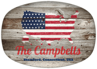 Thumbnail for Personalized Faux Wood Grain Plastic Platter - USA Flag - Old Grey Wood - Stamford, Connecticut - Front View
