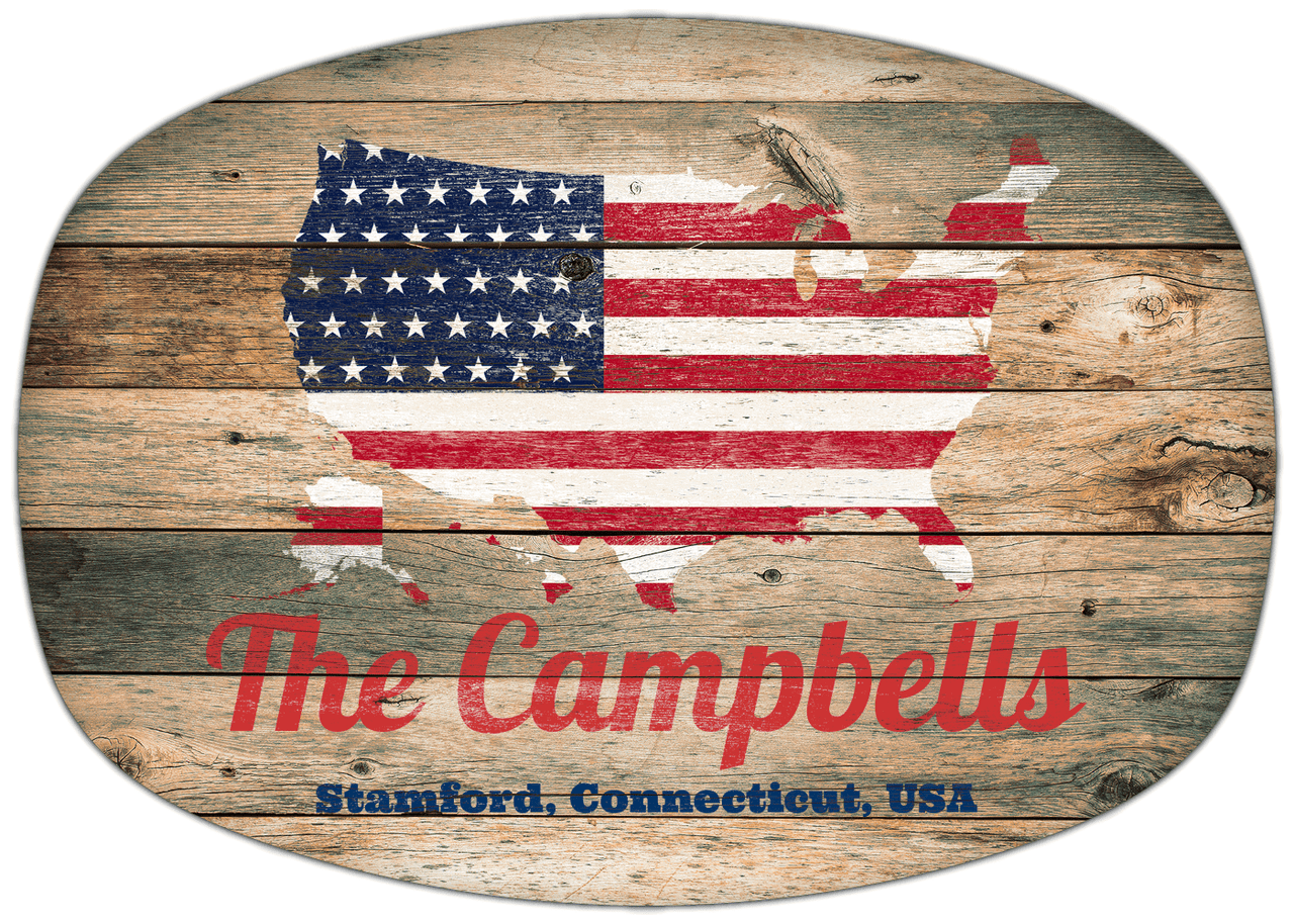 Personalized Faux Wood Grain Plastic Platter - USA Flag - Patina Wood - Stamford, Connecticut - Front View