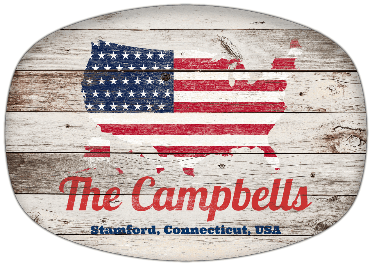 Personalized Faux Wood Grain Plastic Platter - USA Flag - Whitewash Wood - Stamford, Connecticut - Front View