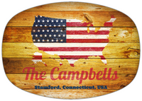 Thumbnail for Personalized Faux Wood Grain Plastic Platter - USA Flag - Sunburst Wood - Stamford, Connecticut - Front View