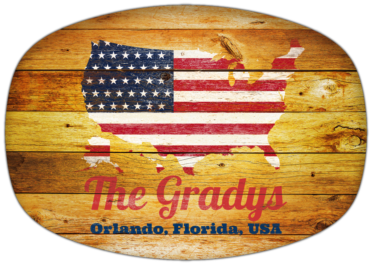 Personalized Faux Wood Grain Plastic Platter - USA Flag - Sunburst Wood - Orlando, Florida - Front View