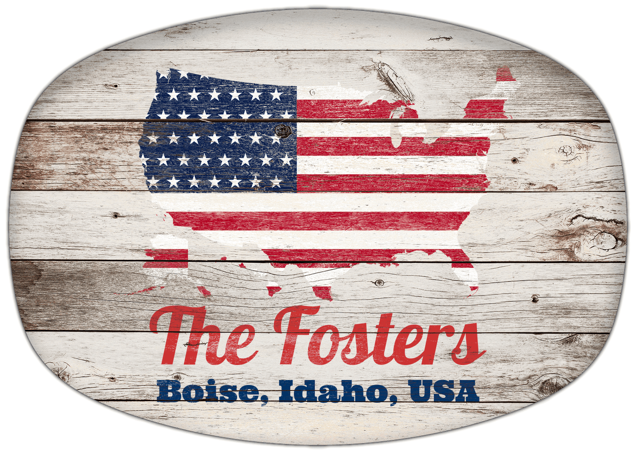 Personalized Faux Wood Grain Plastic Platter - USA Flag - Whitewash Wood - Boise, Idaho - Front View