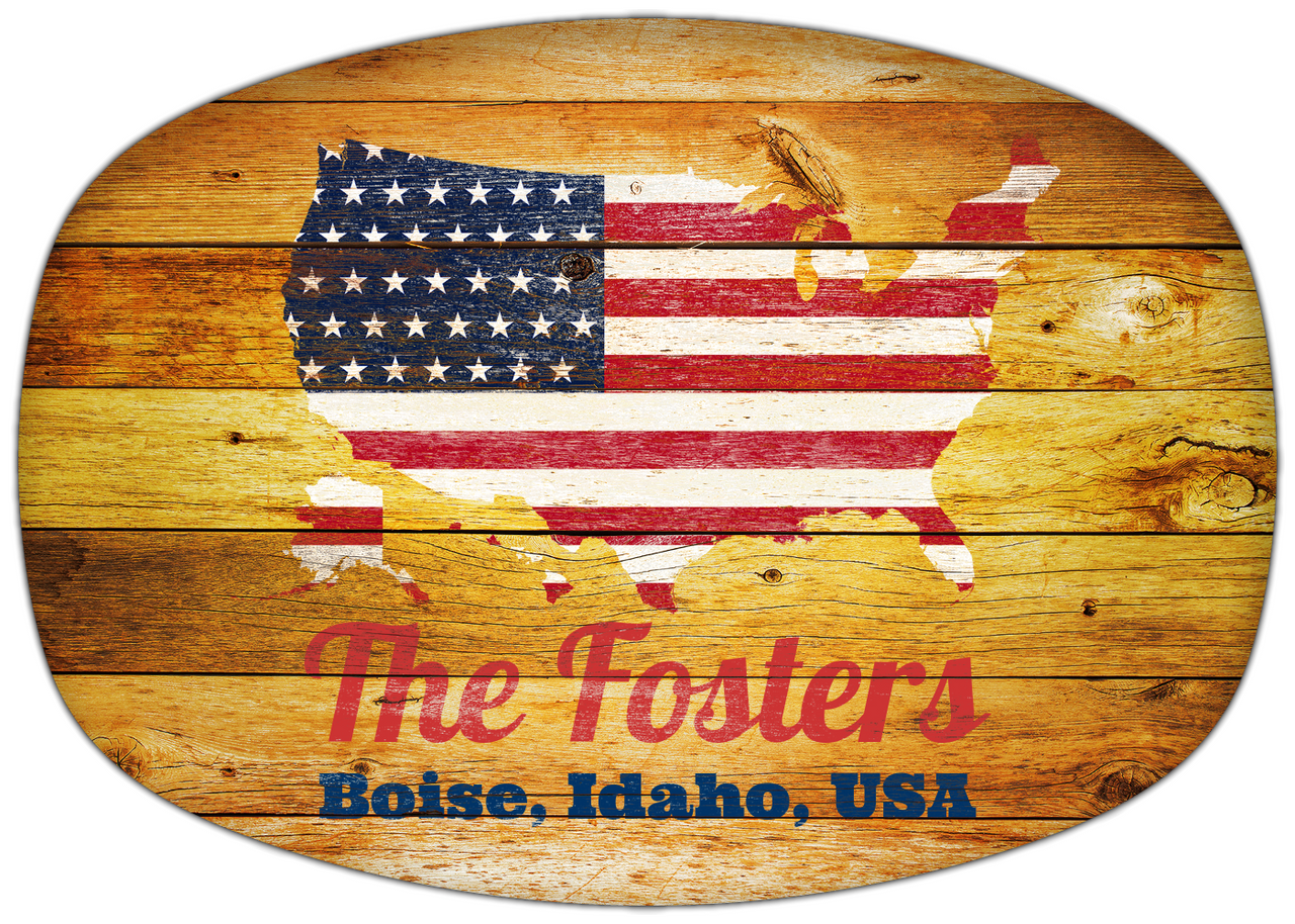Personalized Faux Wood Grain Plastic Platter - USA Flag - Sunburst Wood - Boise, Idaho - Front View
