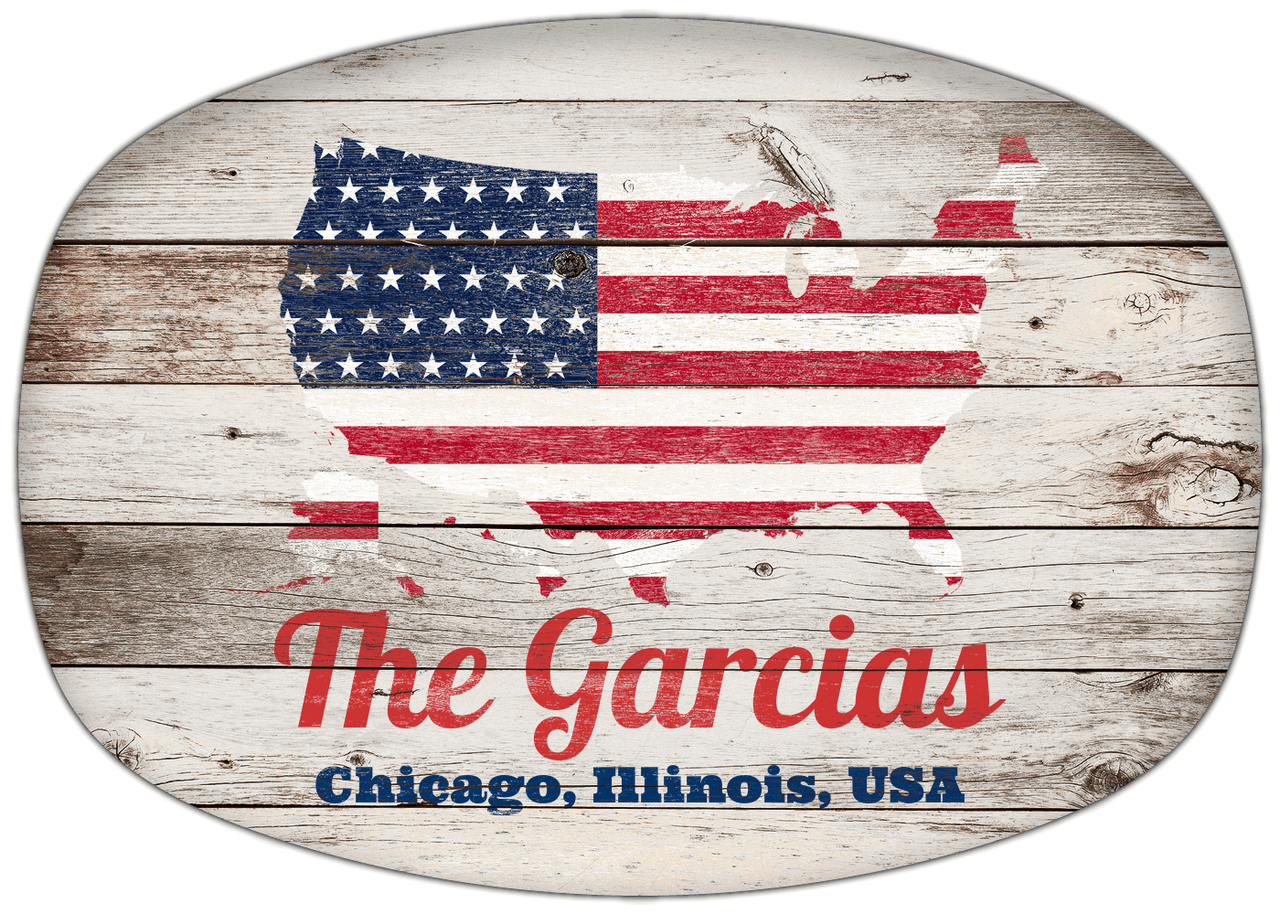Personalized Faux Wood Grain Plastic Platter - USA Flag - Whitewash Wood - Chicago, Illinois - Front View