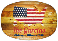 Thumbnail for Personalized Faux Wood Grain Plastic Platter - USA Flag - Sunburst Wood - Chicago, Illinois - Front View