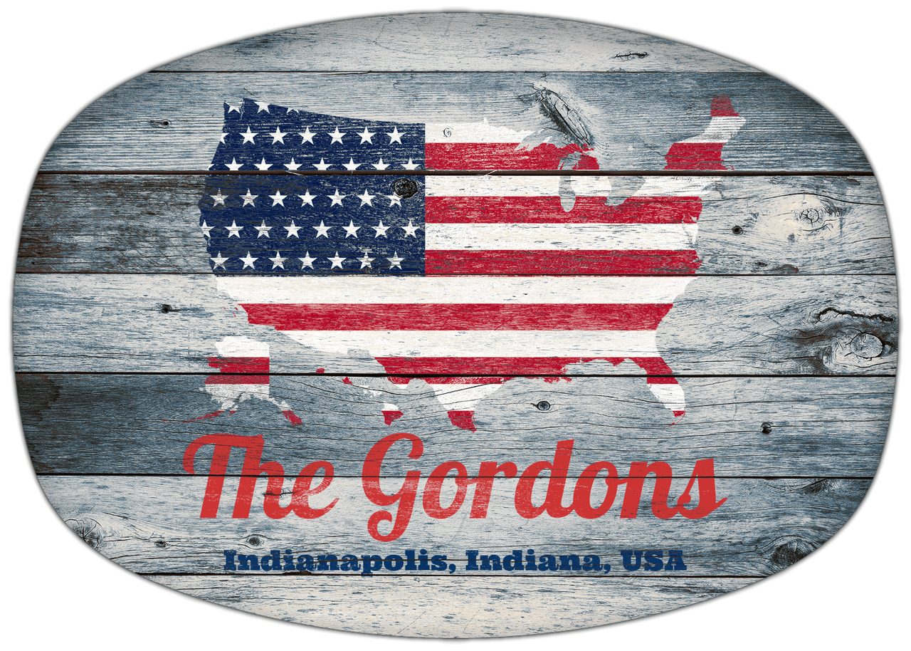 Personalized Faux Wood Grain Plastic Platter - USA Flag - Bluewash Wood - Indianapolis, Indiana - Front View