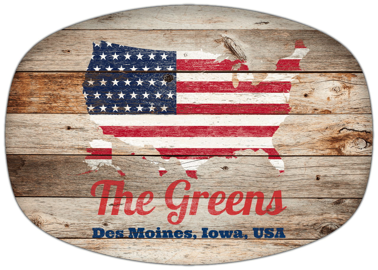 Personalized Faux Wood Grain Plastic Platter - USA Flag - Natural Wood - Des Moines, Iowa - Front View