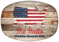 Thumbnail for Personalized Faux Wood Grain Plastic Platter - USA Flag - Natural Wood - Wichita, Kansas - Front View