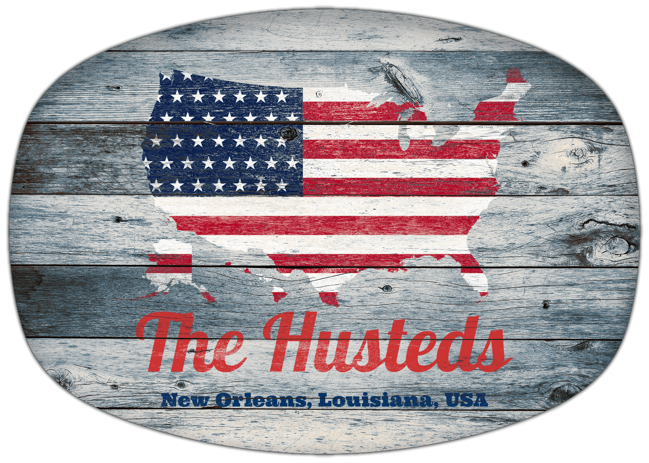 Personalized Faux Wood Grain Plastic Platter - USA Flag - Bluewash Wood - New Orleans, Louisiana - Front View