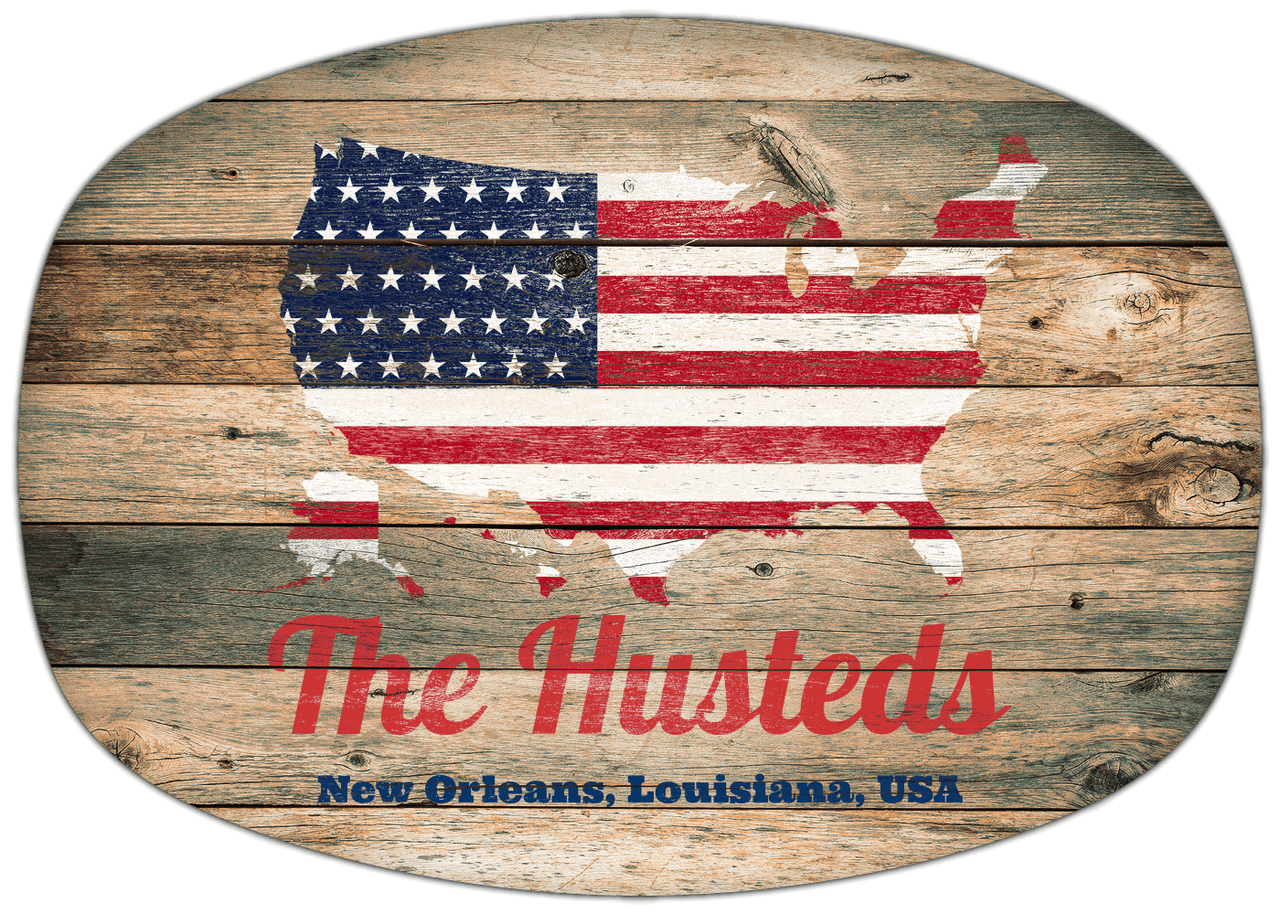 Personalized Faux Wood Grain Plastic Platter - USA Flag - Patina Wood - New Orleans, Louisiana - Front View