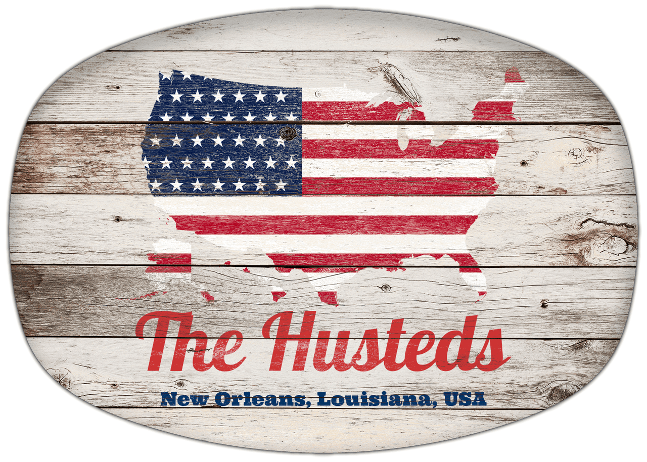 Personalized Faux Wood Grain Plastic Platter - USA Flag - Whitewash Wood - New Orleans, Louisiana - Front View