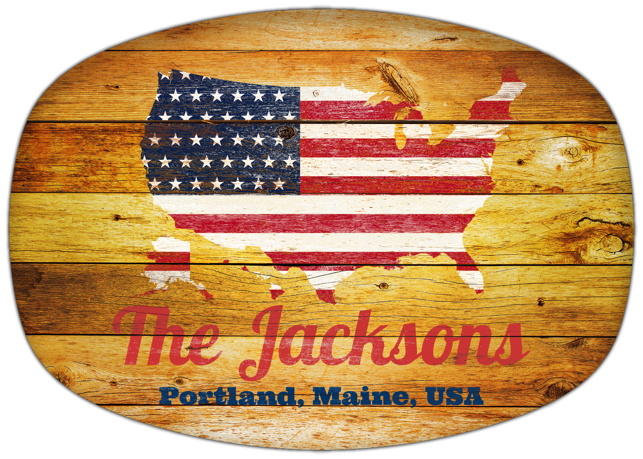Personalized Faux Wood Grain Plastic Platter - USA Flag - Sunburst Wood - Portland, Maine - Front View